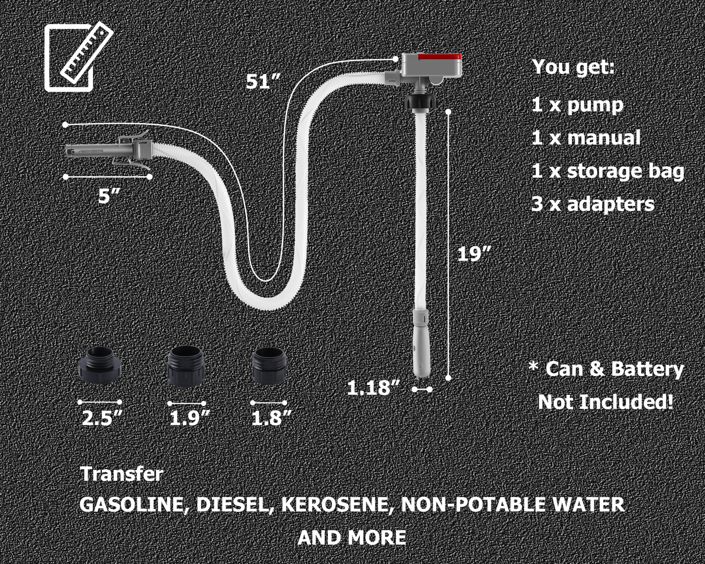 P9A / Fuel Transfer Pump Battery Powered Electric Portable Gas Can Tank Pump for Gasoline Diesel kerosene Liquid with Flexible Hose(Can Not Included)