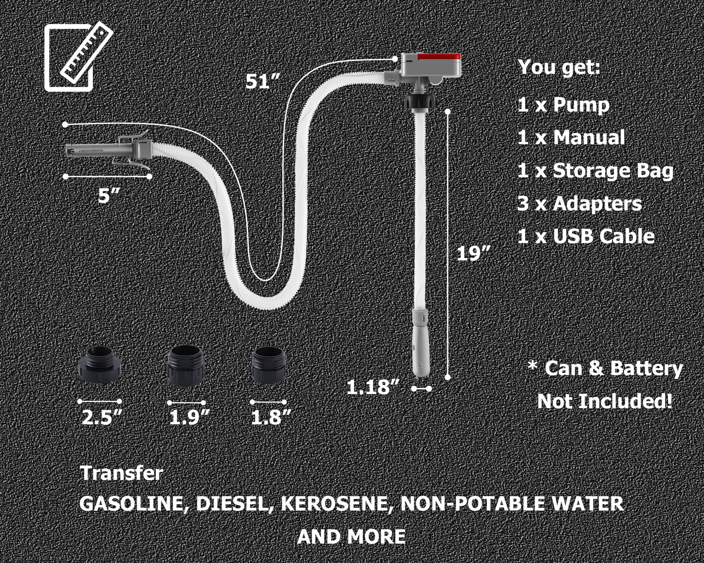 P9A-U / Fuel Transfer Pump Battery and USB Powered Electric Portable Gas Can Tank Pump for Gasoline Diesel kerosene Liquid with Flexible Hose(Can Not Included)