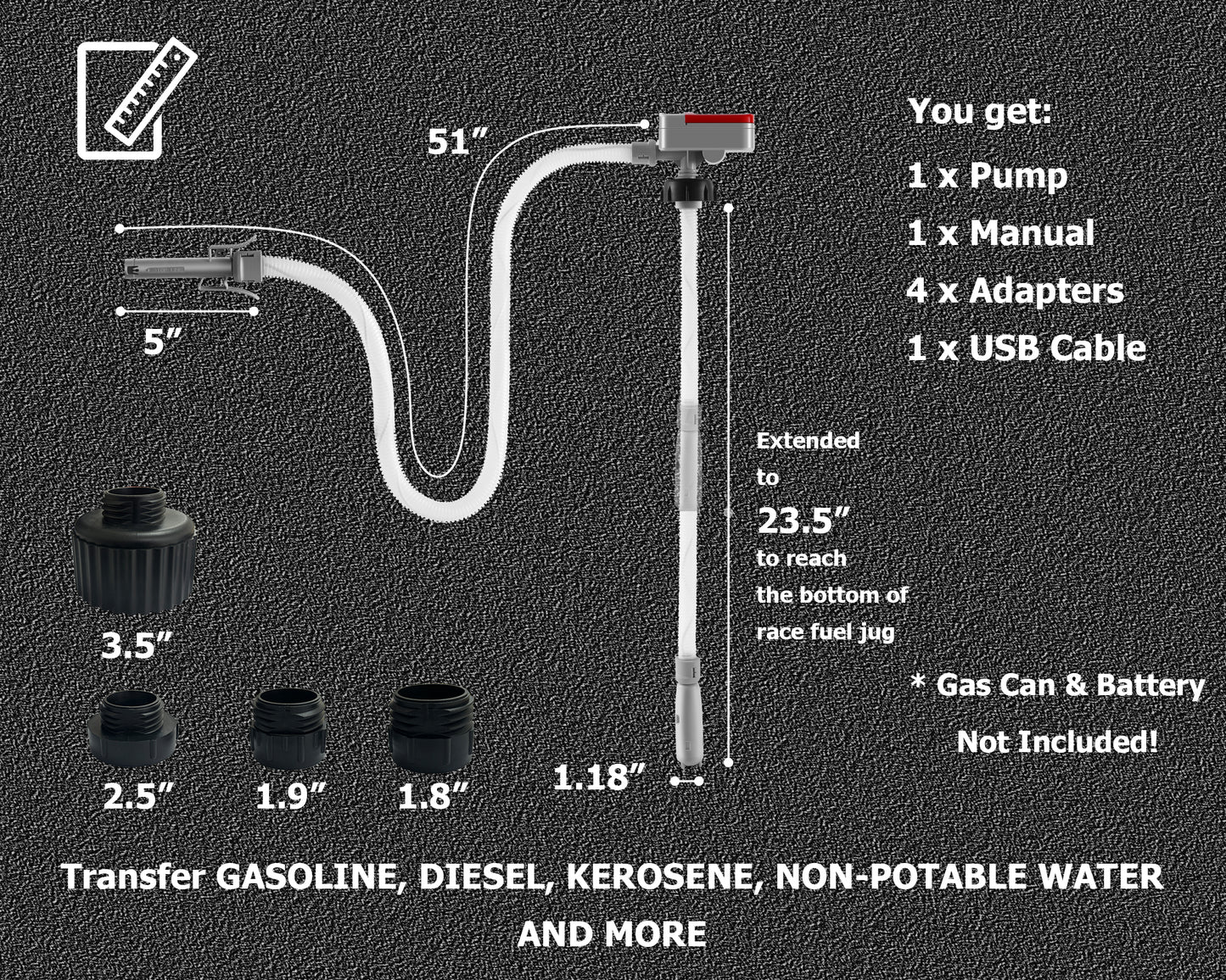 P9A-UR / Fuel Transfer Pump Battery Powered Electric Portable Gas Can Tank Pump for Gasoline Diesel kerosene Liquid with Flexible Hose Race Jug Adapter(Can Not Included)