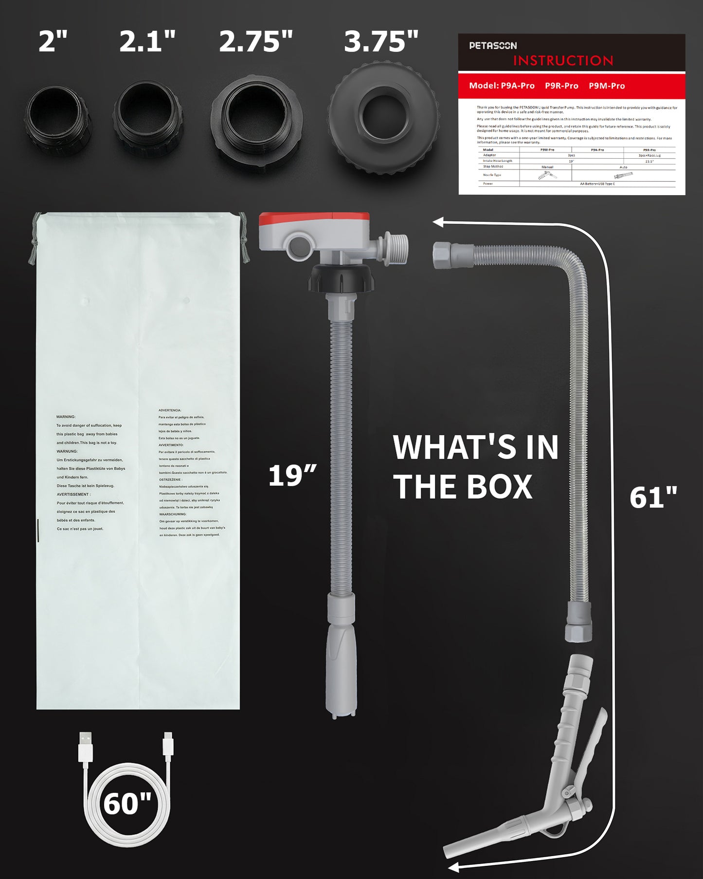 PETASOON Patented Fuel Transfer Pump Battery & USB Powered Operated 3.8GPM Gas Can Electric Automatic Pumps Transfer Gasoline Diesel Oil Liquid Water with Manual Flow Control(Gas Can Not Included)