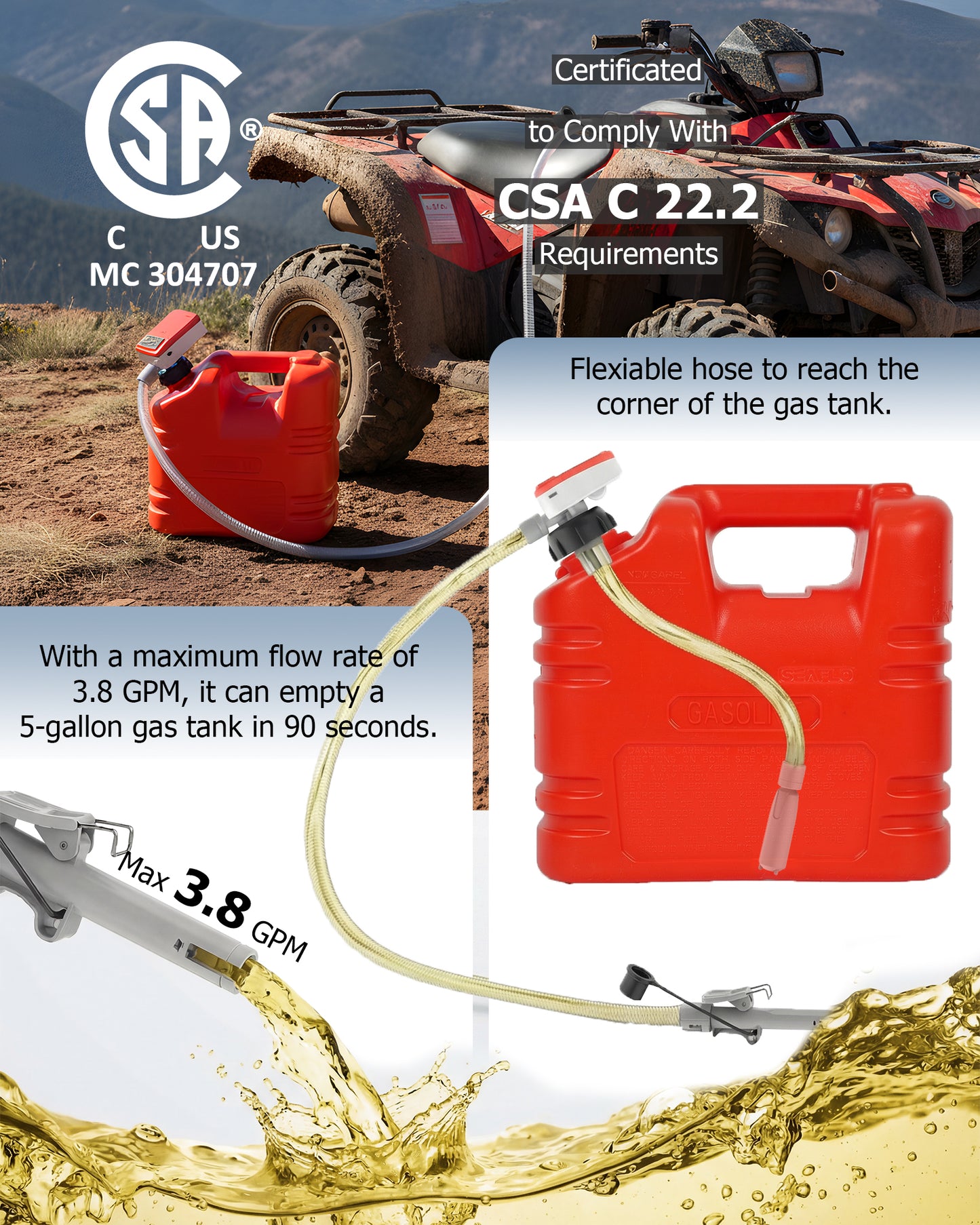 PETASOON Patented Fuel Transfer Pump Battery & USB Powered Operated 3.8GPM Gas Can Electric Pumps Transfer Gasoline Diesel Oil Liquid Water with Auto Stop and Racing Can Adapter(Gas Can Not Included)