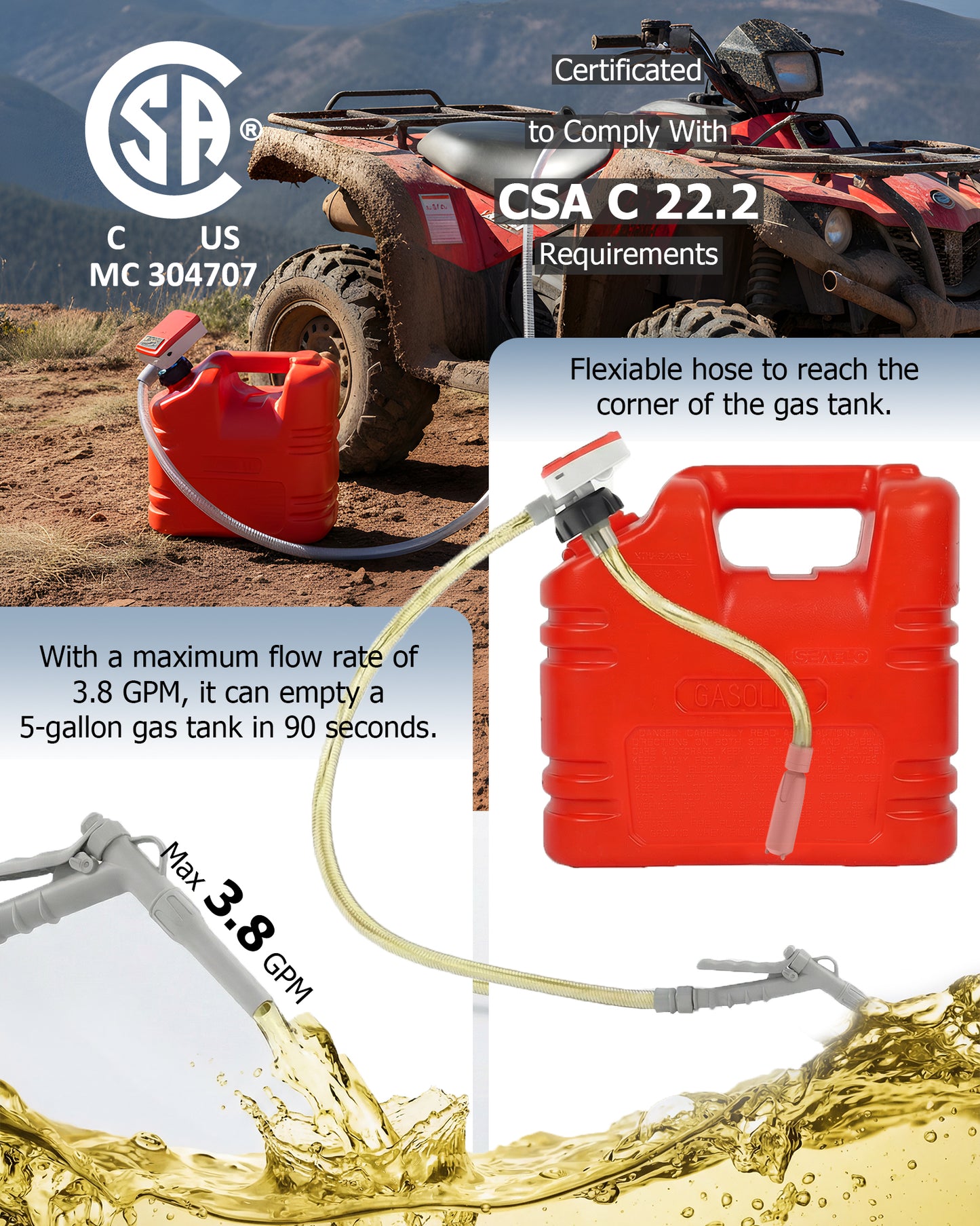 PETASOON Patented Fuel Transfer Pump Battery & USB Powered Operated 3.8GPM Gas Can Electric Automatic Pumps Transfer Gasoline Diesel Oil Liquid Water with Manual Flow Control(Gas Can Not Included)