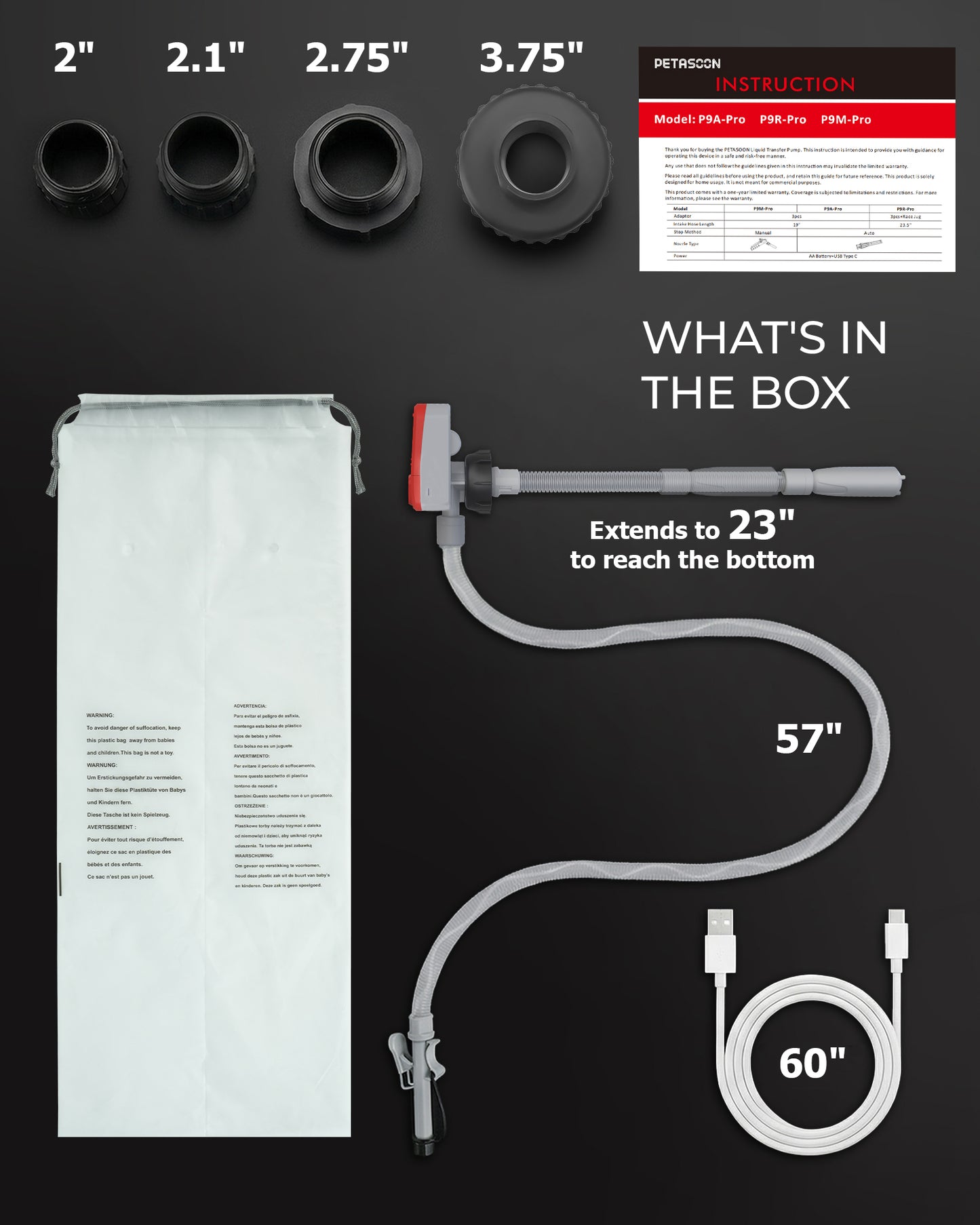 PETASOON Patented Fuel Transfer Pump Battery & USB Powered Operated 3.8GPM Gas Can Electric Pumps Transfer Gasoline Diesel Oil Liquid Water with Auto Stop and Racing Can Adapter(Gas Can Not Included)