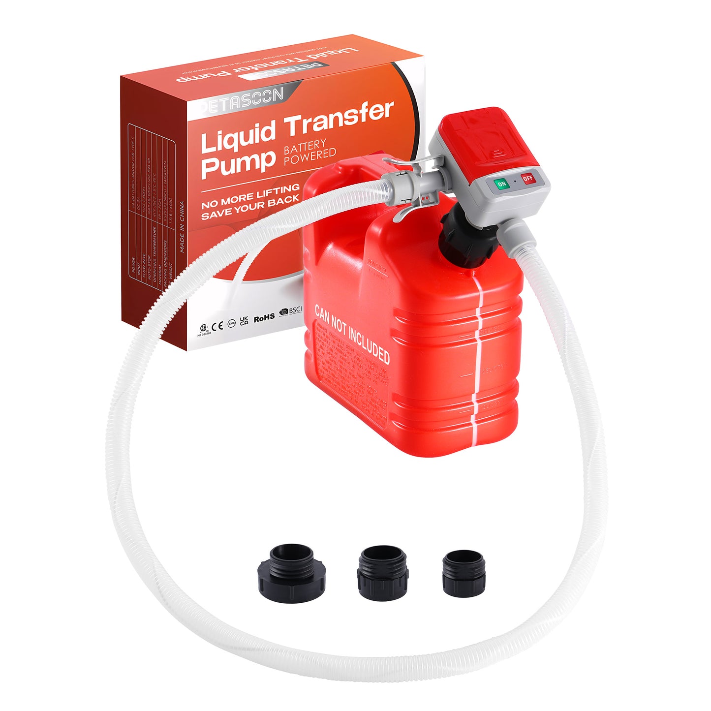 PETASOON Fuel Transfer Pump Battery Powered Electric Portable Gas Jerry Can Tank Pump for Gasoline Diesel kerosene Liquid with Flexible Hose(Can Not Included)